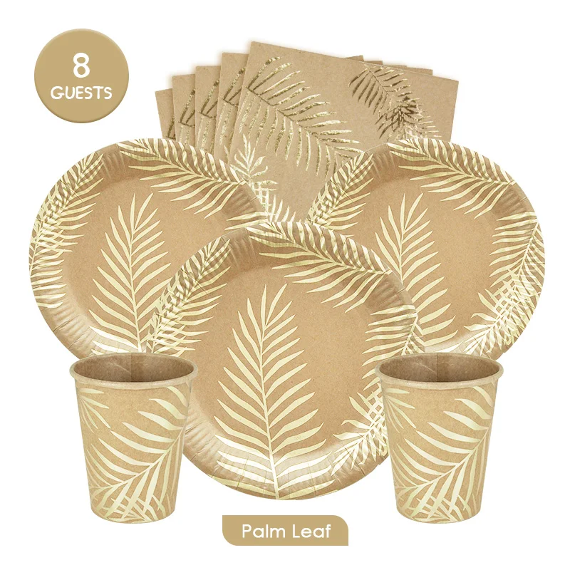 

32pcs 8Guests Disposable Palm Leaf Kraft Gold Foil Tableware Sets Plates Cups Napkins Birthday Party Wedding Decration Eco