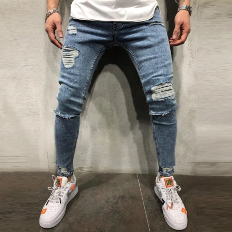 

Mens Skinny Jeans Ripped Grid Stretch Denim Pants Casual Fitness Bodybuilding Pocket Full Length Sports Slim Trousers
