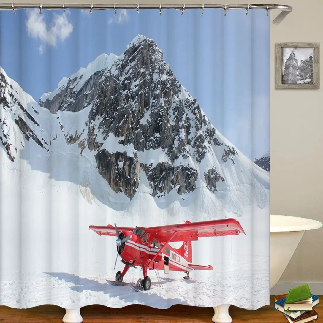 

Winter Snow Scene Ski Print Shower Curtain Bathroom Decoration Waterproof Polyester Cloth Fir Forest Shower Curtain Set Mat