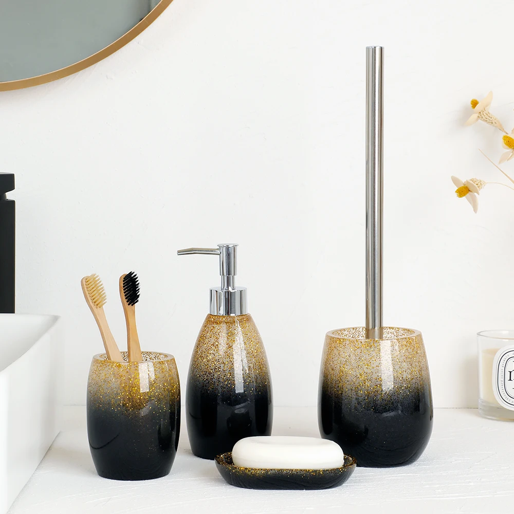 

Gold sequins Bathroom Accessory Set Soap Lotion Dispenser, Toothbrush and Toothpaste Holder Soap Dish and Tumbler