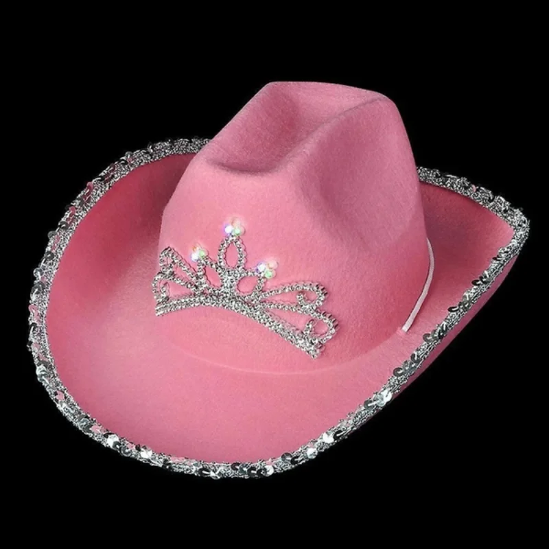 

Светящаяся тиара, ковбойская шляпа в западном стиле, розовая Женская модная кепка для вечеринки с широкими полями и блестками, украшение 2021