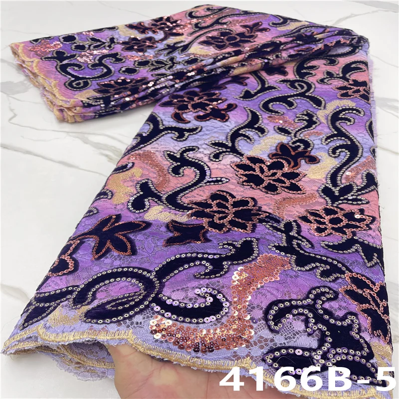 

Latest Velvet Lace Fabric With Sequin African Net Lace Fabirc Purple Embroidery Mesh Hot Sale Nigerian Lace For Woman NA4166B-1