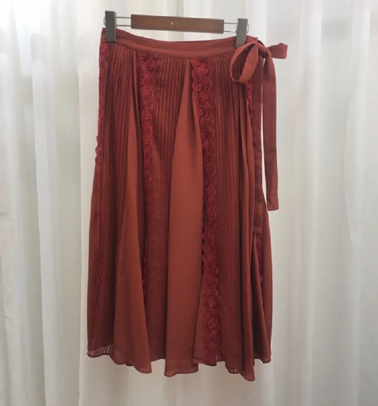 

100%Silk Women's Skirt 2021 Summer Designer Clothing Women Appliques Lace Embroidery Bow Deco Mid-Calf Wine Red White Skirts