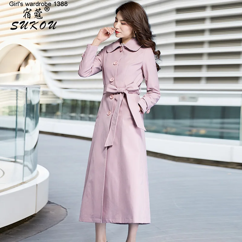 

Pink windbreaker women's Korean spring and autumn 2020 new leisure waist lengthening over the knee style coat