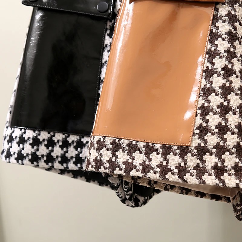 

2021 New Autumn Winter Black Pu Faux Leather and Plaid Wool Women's Shorts High Waist Wide Leg Shorts Elegant Female Trousers