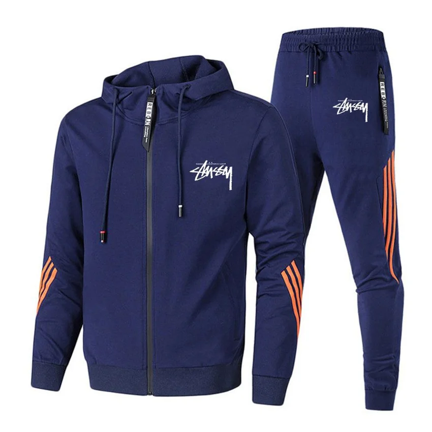 

2021 New Products Men's Casual Running Three-Pole Sports Suit Spring and Autumn Men's Hooded Zipper Sweatshirt Slim Jacket 2PC