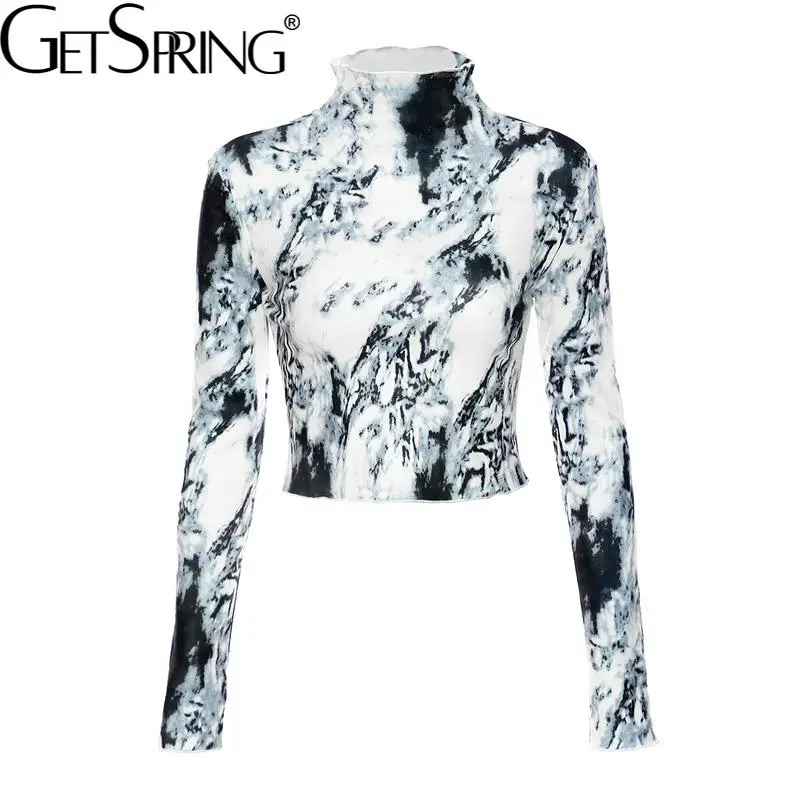 

Футболка женская черно-белая эластичная с высоким воротником и принтом, 2021