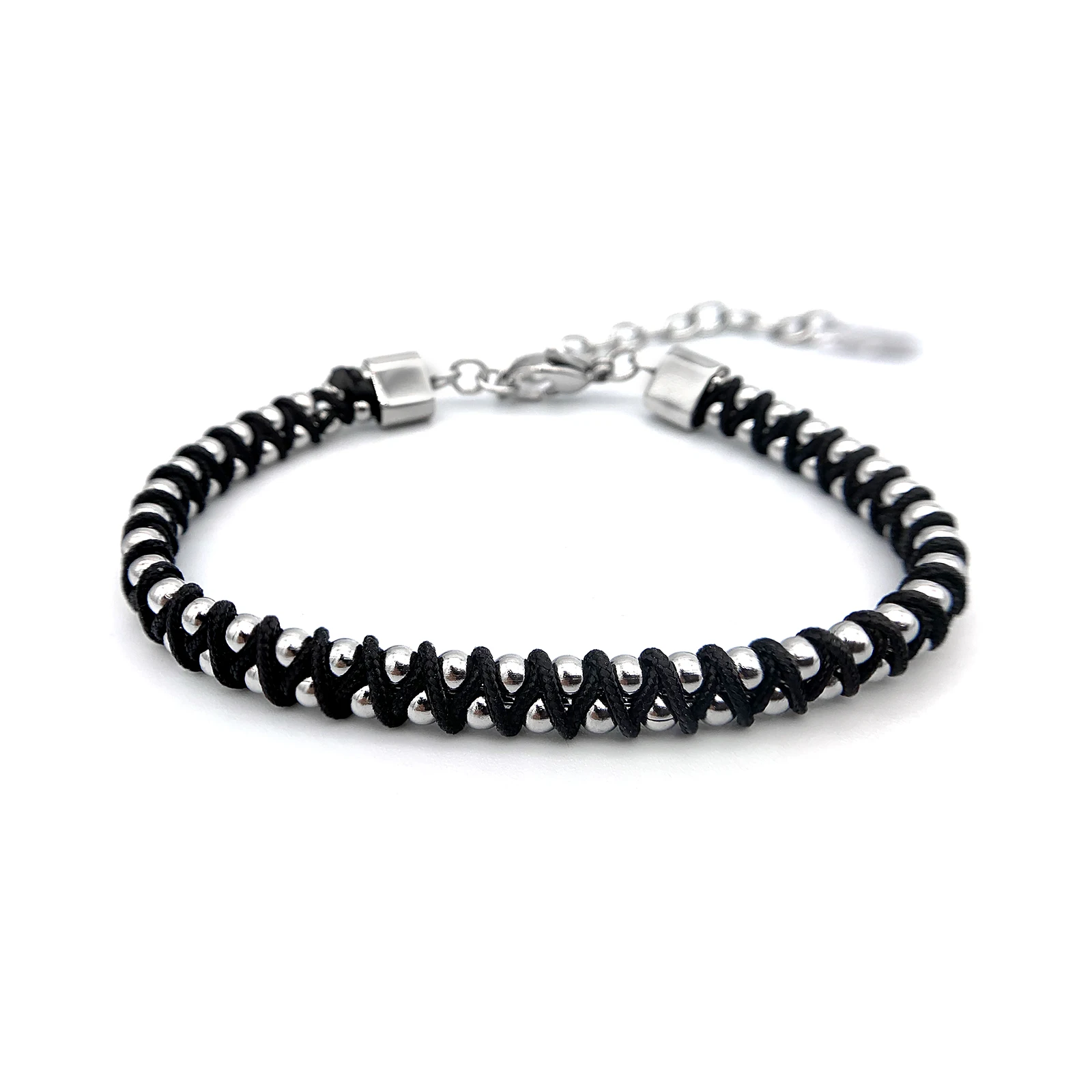 

Runda Beaded Bracelets For Men 22Cm Black Braided Rope Stainless Steel Accessories Handmade Women'S Jewelry Gifts