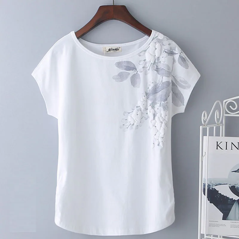 

2021 Summer Women's t-shirt Tops 95% Cotton Loose Short-Sleeve T-shirt Female White embroidery T-shirt Basic large size M 4XL