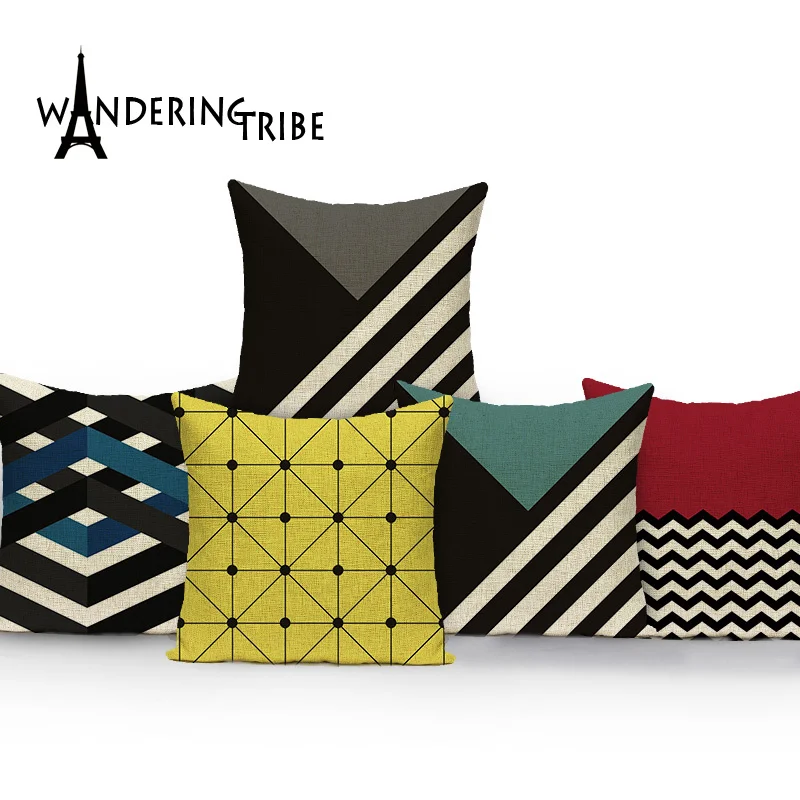Decorative seat car cotton Home colorful Square soft Cushion Cover black wave Splice simple fashion suit Geometric pillow cover | Дом и сад