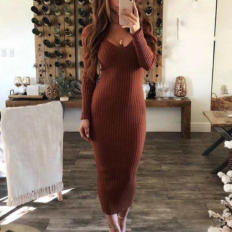 2020 вязаный свитер платье для женщин эластичные с длинным рукавом сексуальное