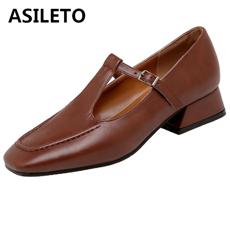 

ASILETO 2021 Лоферы плоские удобные Плюс T ремень квадратный носок Ремень Пряжка 3 см массивный каблук обувь размер 32-46 черный бежевый коричневый ...