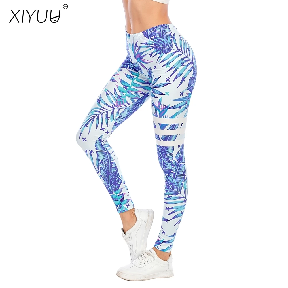 

XIYUU Sexy Legging Light Blue Leaves Workout Leggings Printing Leggins Women Fitness Running Gym Pants Dropshipping Wholesale
