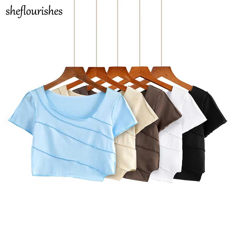 

Летняя Повседневная футболка, Женская Винтажная футболка с коротким рукавом, лоскутный Асимметричный топ с косым воротником, Милая Белая у...