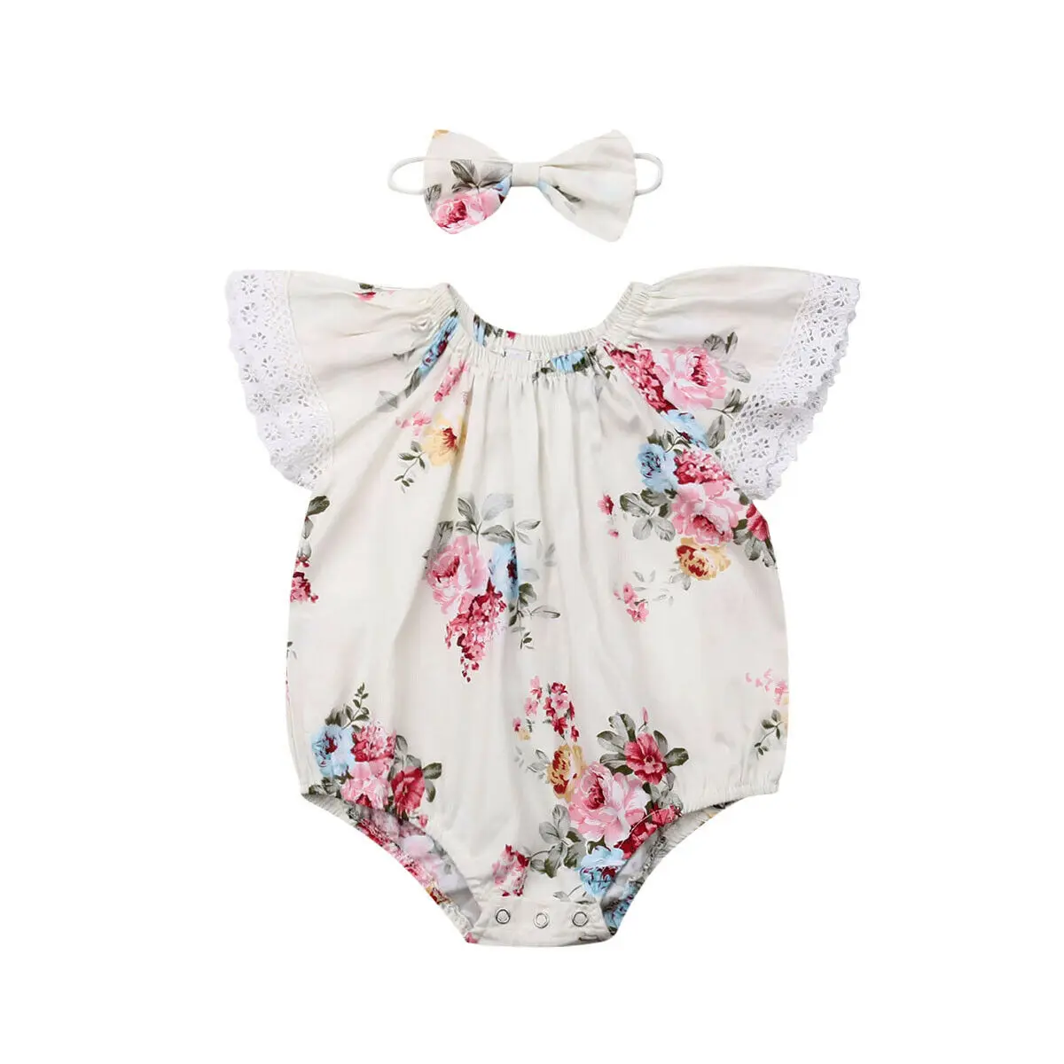 Ropa sin mangas para ni&ntilde;a reci&eacute;n nacida, Pelele con volantes de encaje y estampado de flores, diadema, trajes de 2 piezas, ropa de verano-5