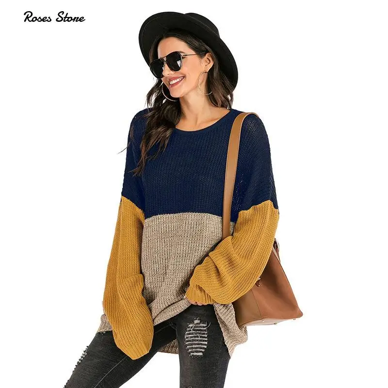 

Woman Oversized Sweater Loose Autumn Spring Clothes For Ladies Color Block Knitted Jumper Long Sleeve Top Pullover Cosy Knitwear