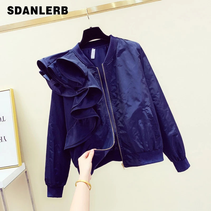 

Женская короткая бейсбольная куртка, однотонная бейсбольная куртка на молнии с оборками и длинным рукавом, Осень-зима 2021