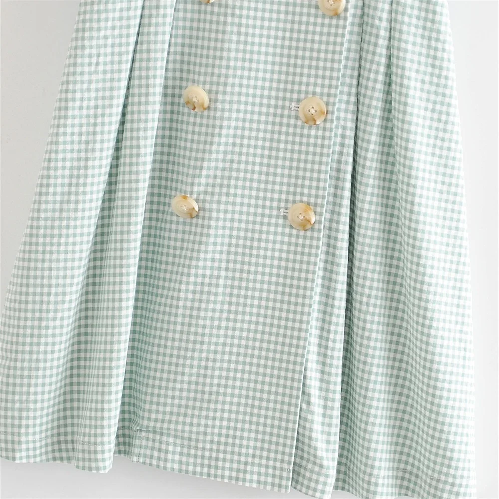 

2020 summer women's new double-breasted lapel short-sleeved waist slimming plaid temperament ladies professional OL fan dress