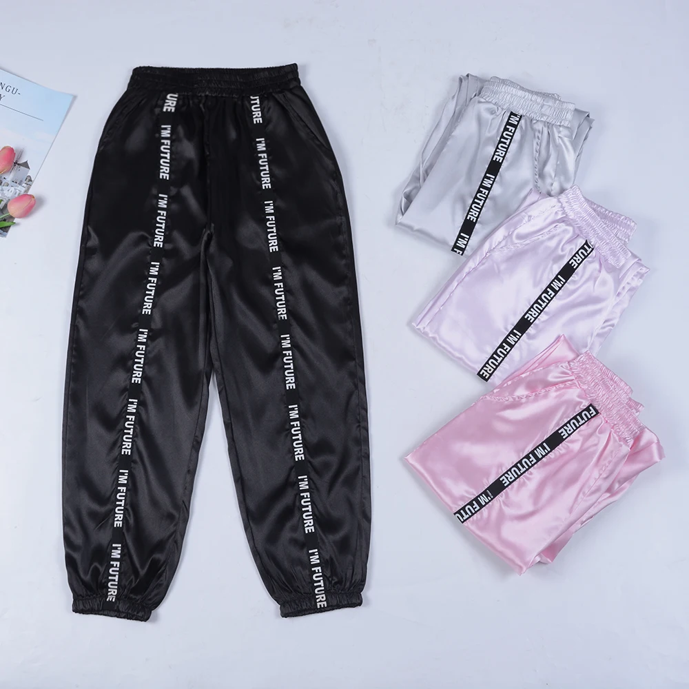 Sfit Женские глянцевые спортивные брюки с лентами, BF Harajuku Joggers, женские спортивные брюки, сатиновые яркие брюки BF Joggers, брюки