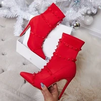 new sexy pointed toe ankle boots 2021 fashion women shoes red thin high heel stretch fabric rivet short booties ladies shoes