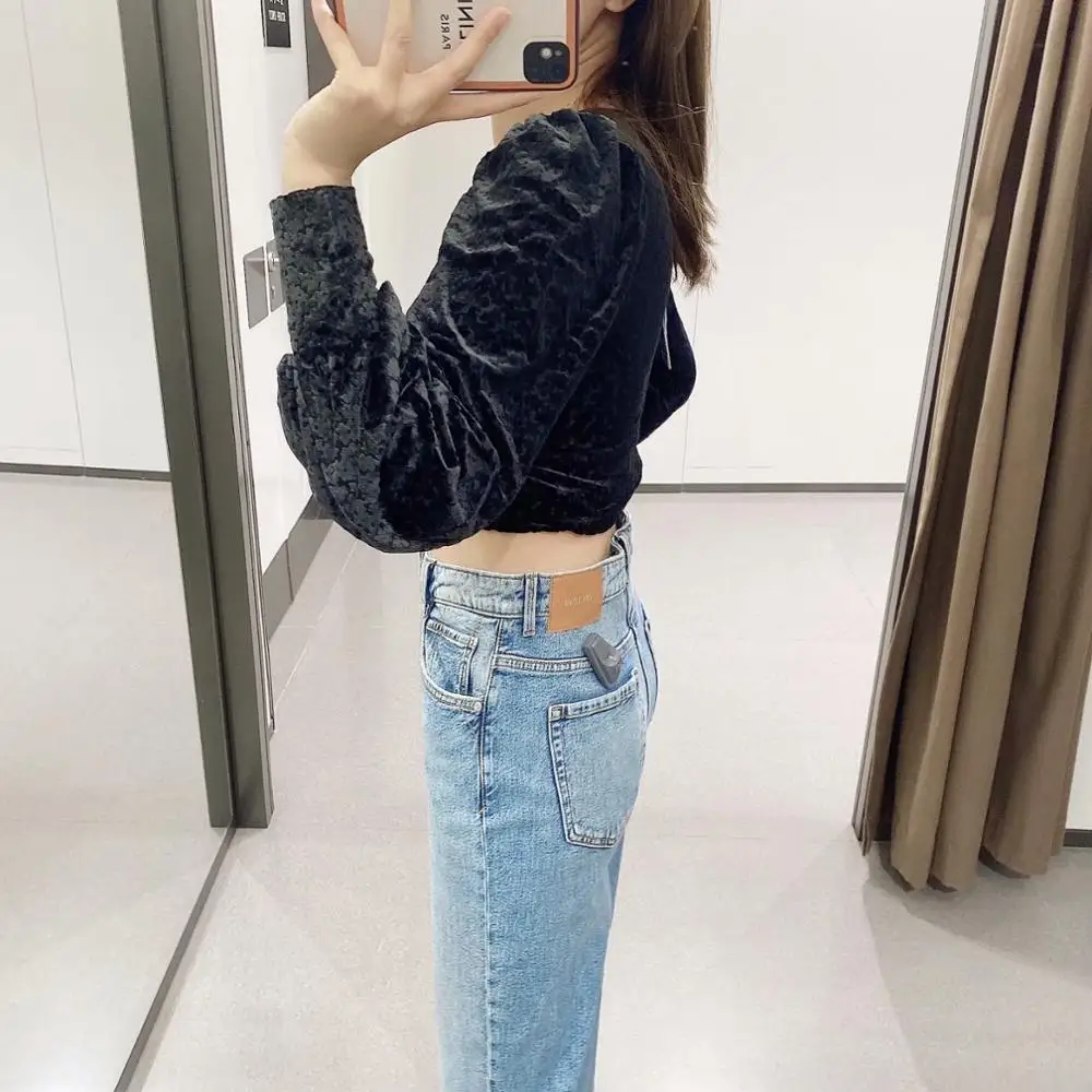 

ZA 2020 New Fashion Women Flocking Animal printing Folds chiffon shirt V neck Blouses Long Sleeve Chiffon Shirt Short Slim Tops