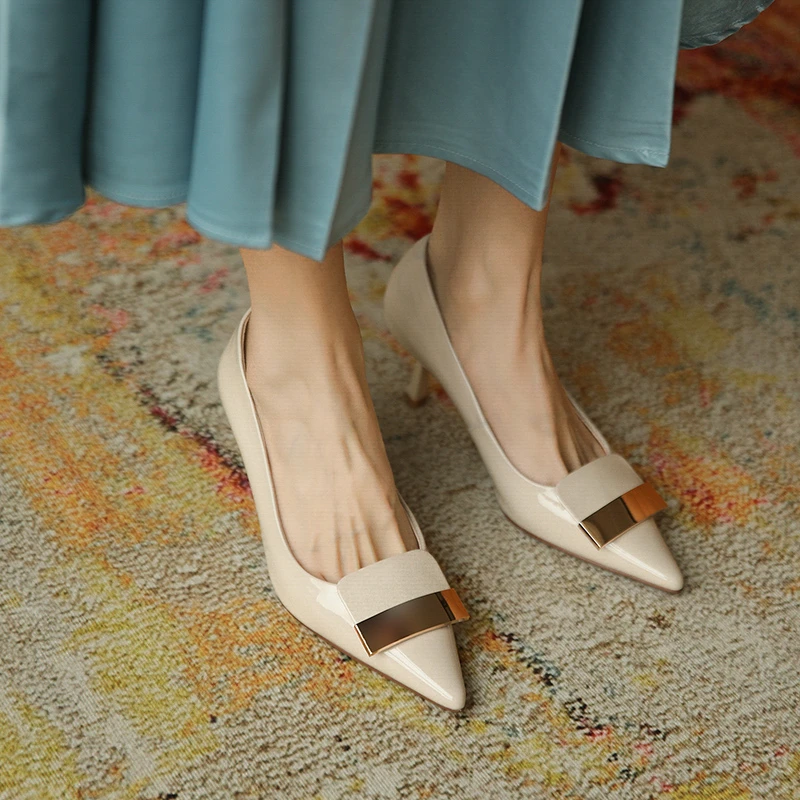 

VERCONAS Basic Women Pumps Spring High Heels Shoes Woman Concise Elegant Office Party Metal Decoration Pumps Genuine Leather New