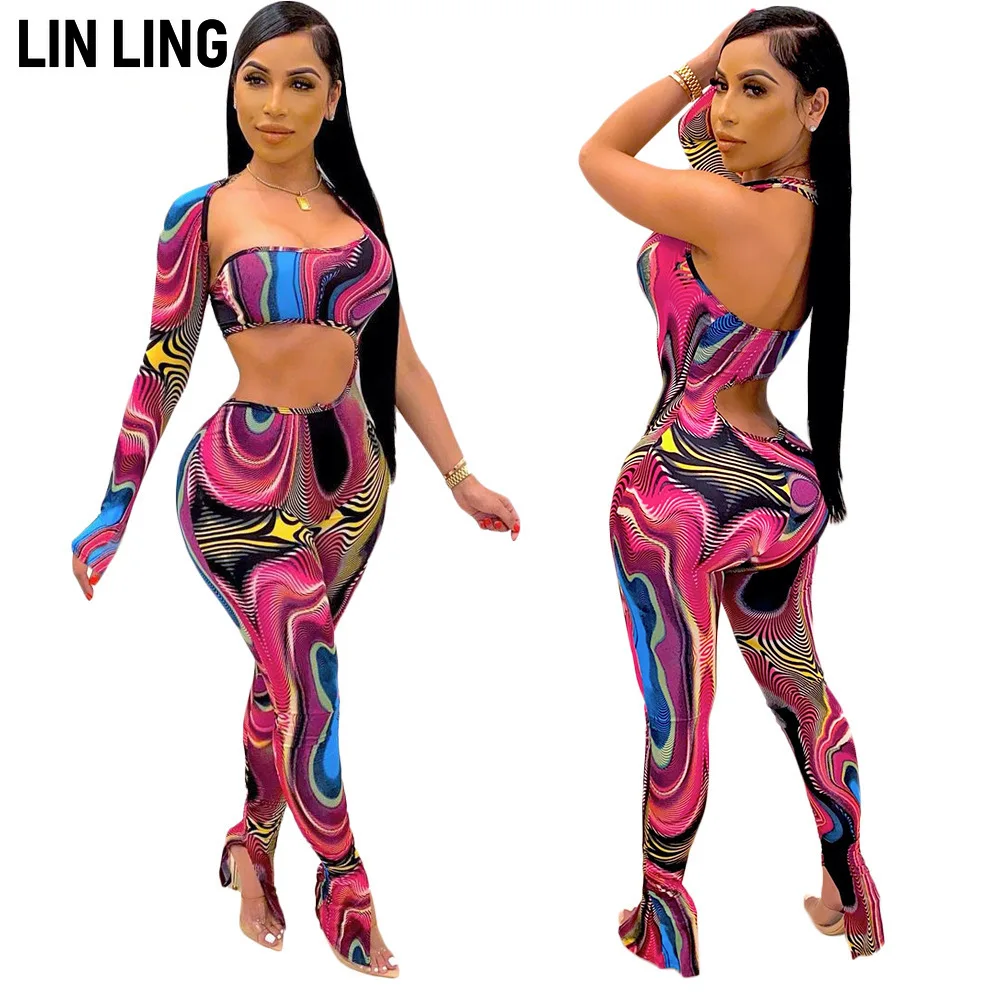 

LINLING Sexy Cut Out Navel Striped Print Personalized Pattern Collar Neck Single Sleeve Tight Elastic Fashion Jumpsuit