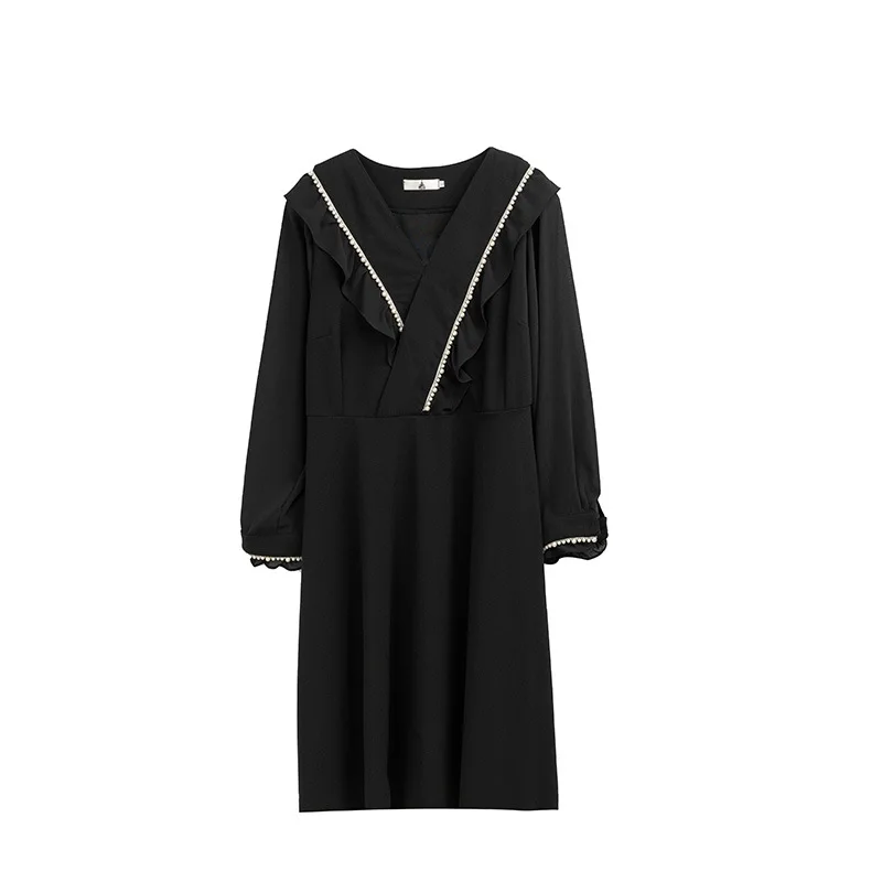 

Spring Fall Korean Style Women Dress Plus Size V-neck Beading High Waist Long Sleeve Dresses Midi Casual Vestido Feminino TAY011
