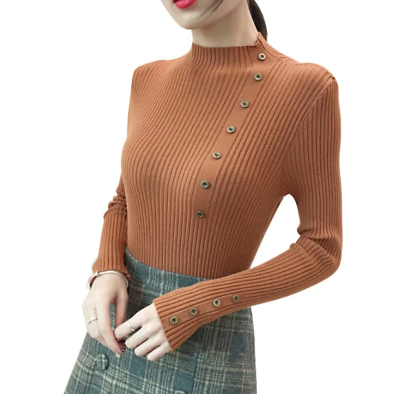 

Autumn Winter Sweater Women Turtleneck Long Sleeve Button Knit Thin Warm Sweater Solid Color Tops