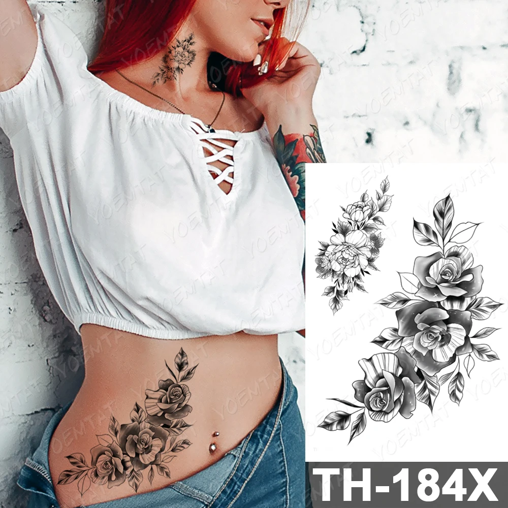 Lines Roses Snake Flowers Temporary Tattoo Sticker For Men Women Adult Peony Waterproof Fake Henna Body Art Tattoo Decal
