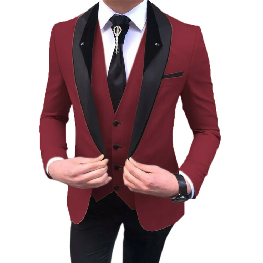 

Trajes A Medida Formal Men's Suits For Wedding Set Black Peaked Lapel Blue/Grey/Red/Pink Jacket&Vest&Pant Slim Fit Groom Blazers