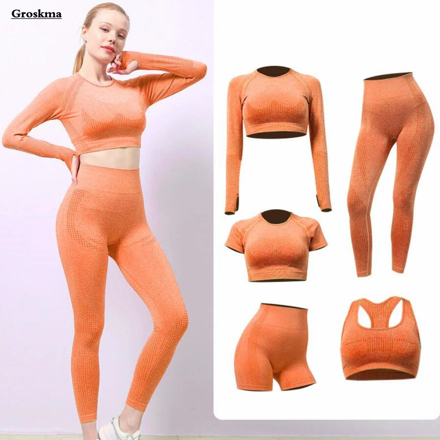

Hot Sale Women Yoga Seamless Suits Fitness Gym Bra 5 Piece Set Sports Long Sleeve Crop Tops Running High Waist Leggings Clothing