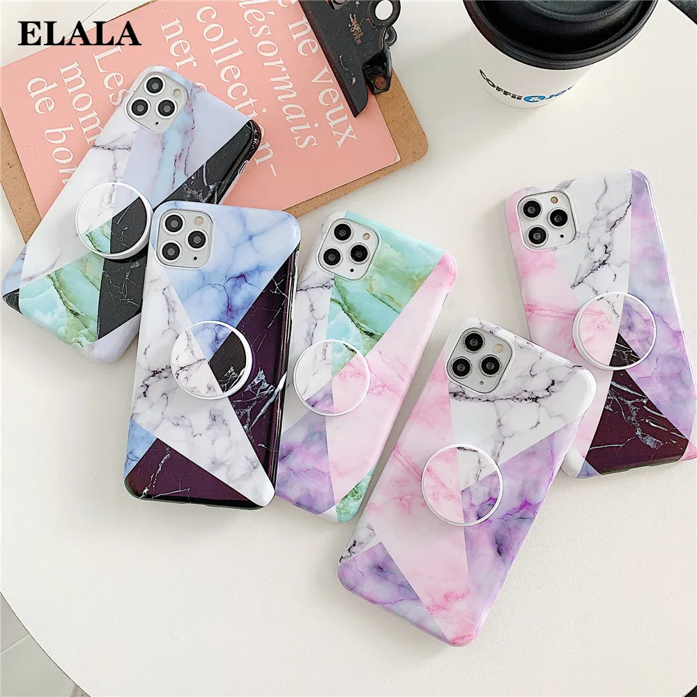 

Luxury Glossy Marble Case for iPhone 11 Pro 6 6s 7 8 Plus XR XS Max SE2020 IMD Soft Back Cover with Folding Kickstand Slim Coque