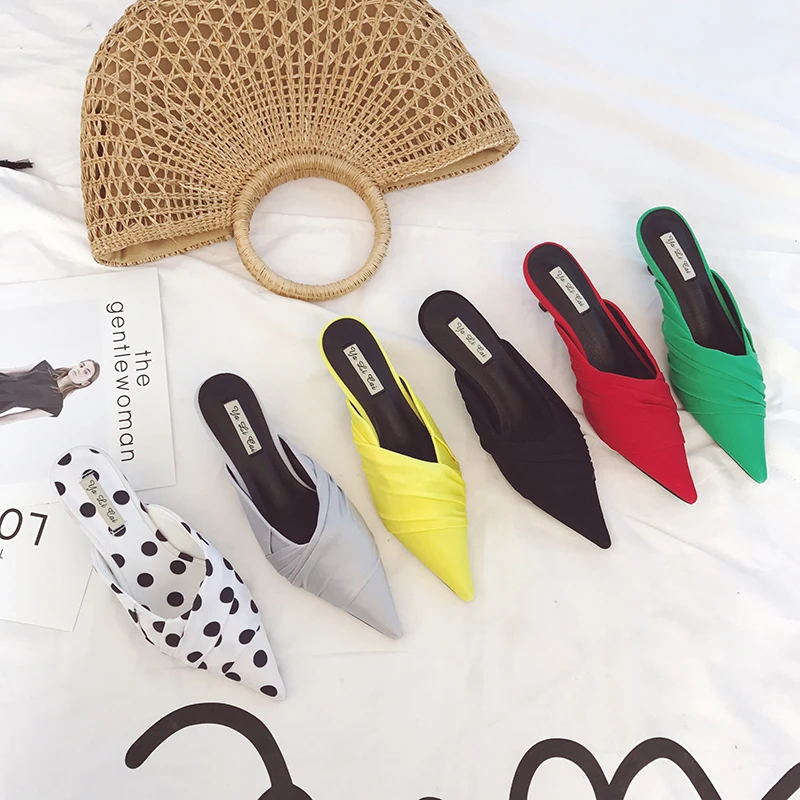 

Mules Shoes Women Pointed Toe Slippers Outside Low Thin Heels Sandals Slides Colorful Slip On Slippers Flip Flops Shoes Woman