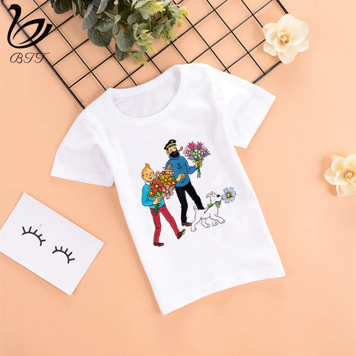 Tintin/модные летние стильные Забавные топы для девочек с героями мультфильмов; модная уличная одежда; Harajuku; футболка для мальчиков; уличная детская футболка - Цвет: D
