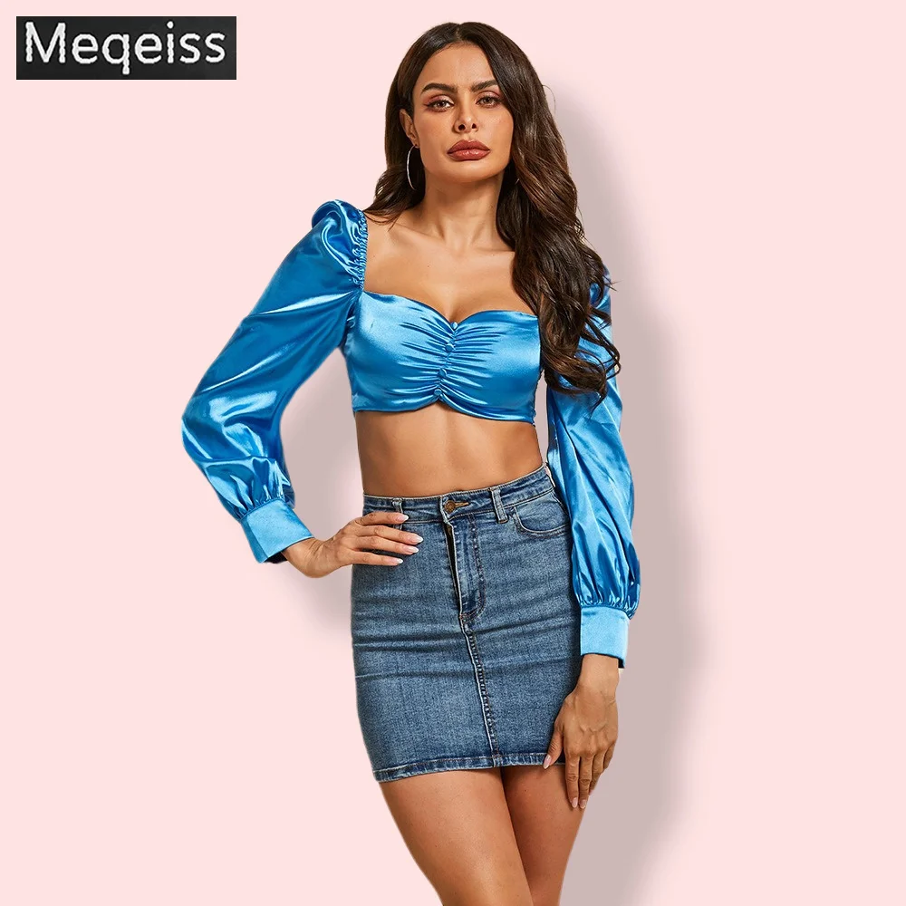 Женская атласная блузка Meqeiss короткий топ из искусственного шелка с квадратным