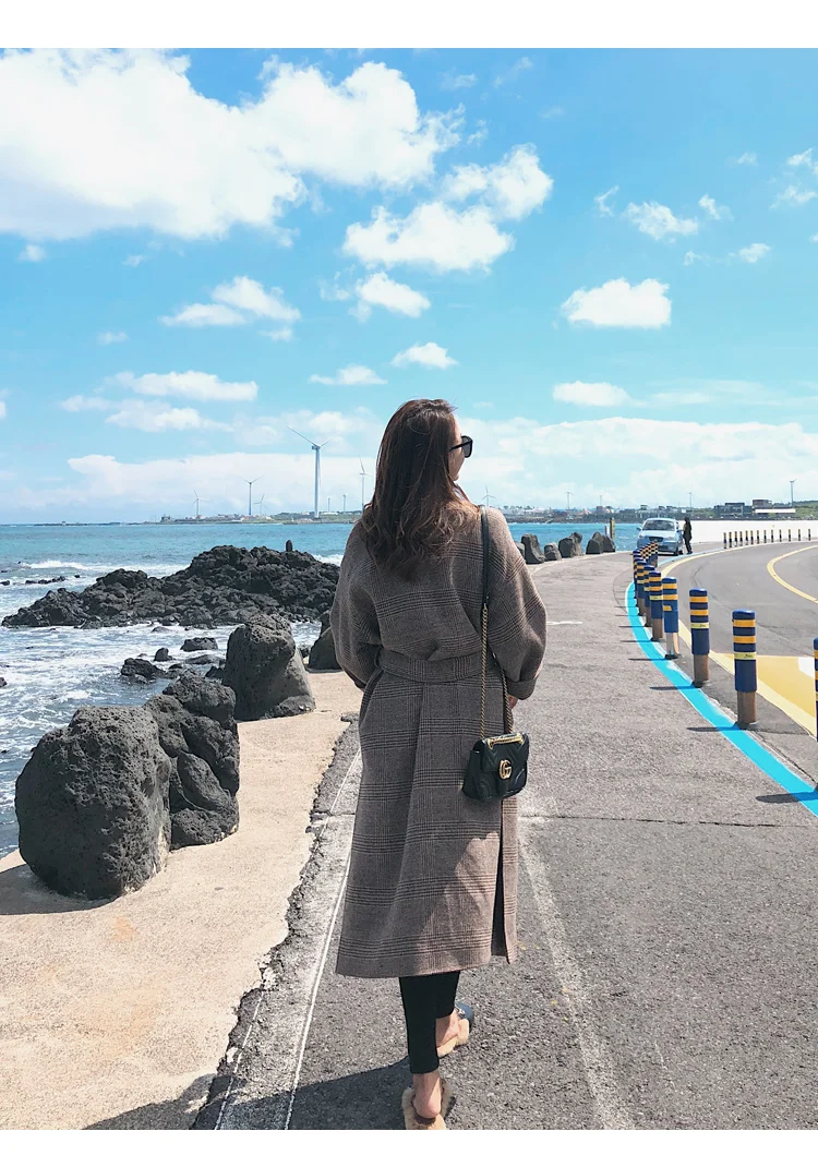 Зимняя шерстяная куртка, пальто, осенняя Женская Корейская верхняя одежда, толстое клетчатое длинное шерстяное пальто для женщин