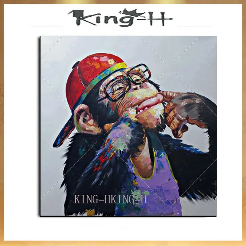 

Animal Monkey Modern Canvas Wall Art Hand Painted Oil Painting Abstract Artwork Decor for Living Room Black Thinking Gorilla