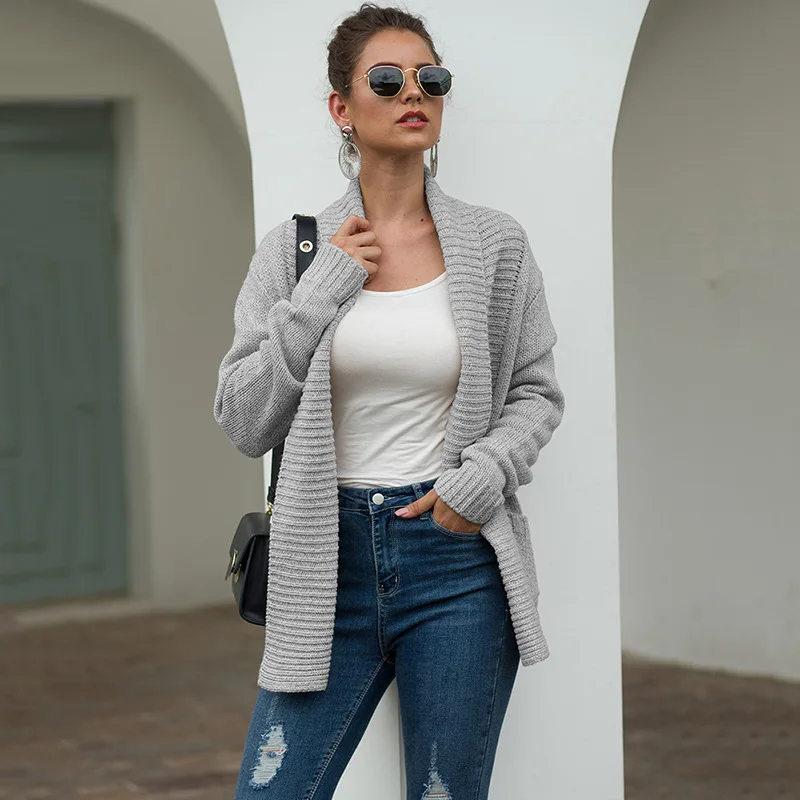 Осенне-зимний толстый вязаный женский свитер кардиган с отложным воротником