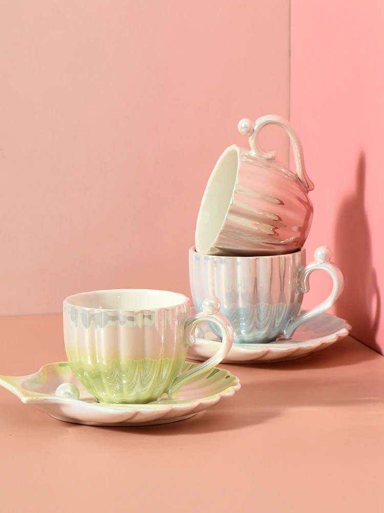

Minimalist Style Shell Pearl Ceramic Coffee Cup And Dish Set Gradually Changing Color Pearlescent Glaze Afternoon Tea Cup Di