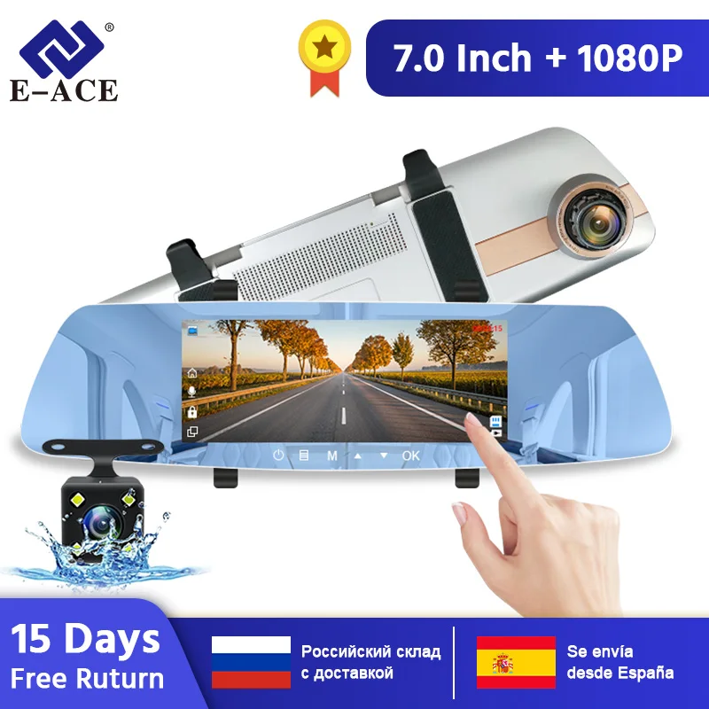 E-ACE Автомобильный видеорегистратор FHD 1080P зеркало заднего вида g-сенсор видеорегистратор ночного видения видеорегистратор Двойной объектив Автомобильная камера с объективом заднего вида