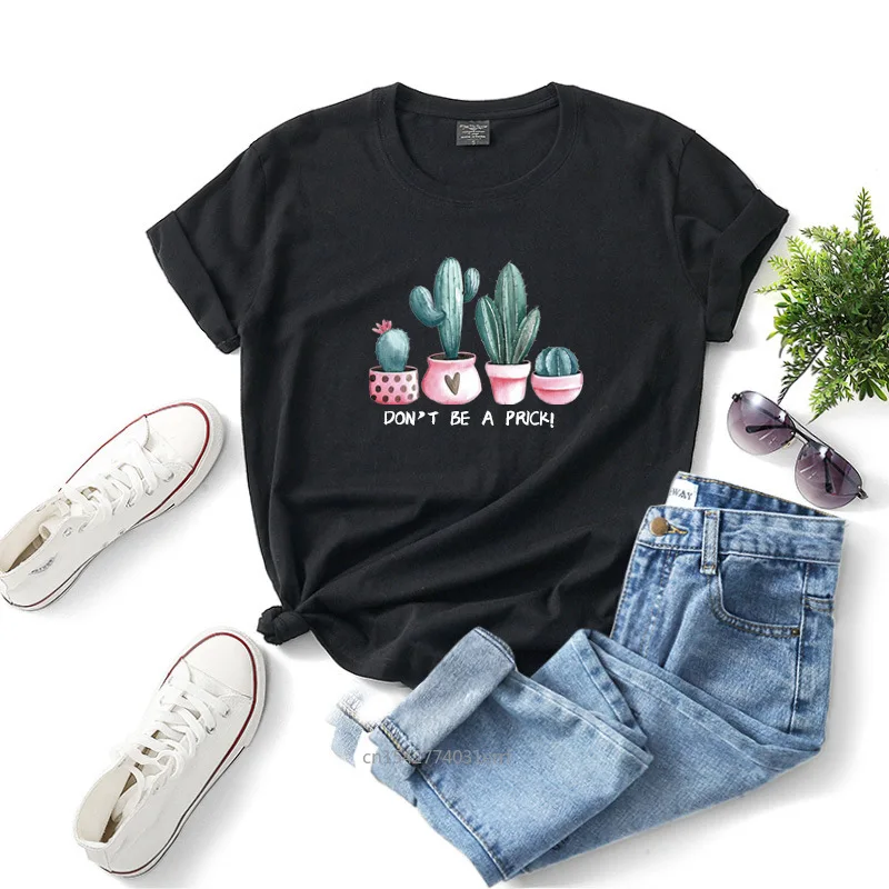 

Women Fashion Plant Cactus Print T Shirt Don't Be A Prick Letter Tops Camisas Female Cute Graphics Tees