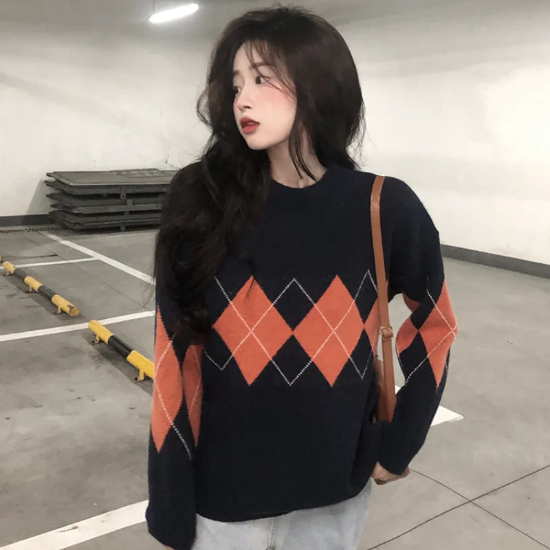 Свободный вязаный женский свитер черные пуловеры оверсайз с круглым вырезом на