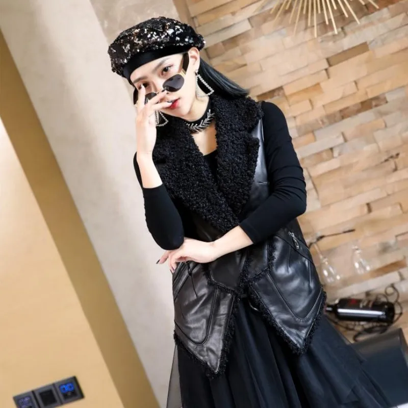

Fashion Women Sheepskin Genuine Leather Vest Slim Fit Faux Fur Collar Sleeveless Outwear Jacket Ladies Natural Leather Waistcoat