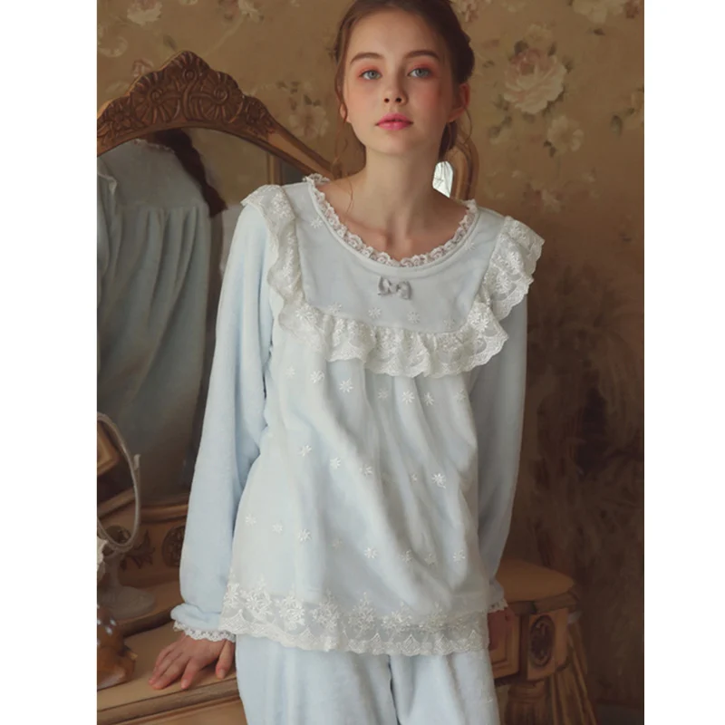 Blue Зимняя одежда для сна, велюровые пижамные комплекты для женщин, одежда для сна, домашняя одежда, винтажная бархатная Пижама принцессы H795 - Цвет: Blue