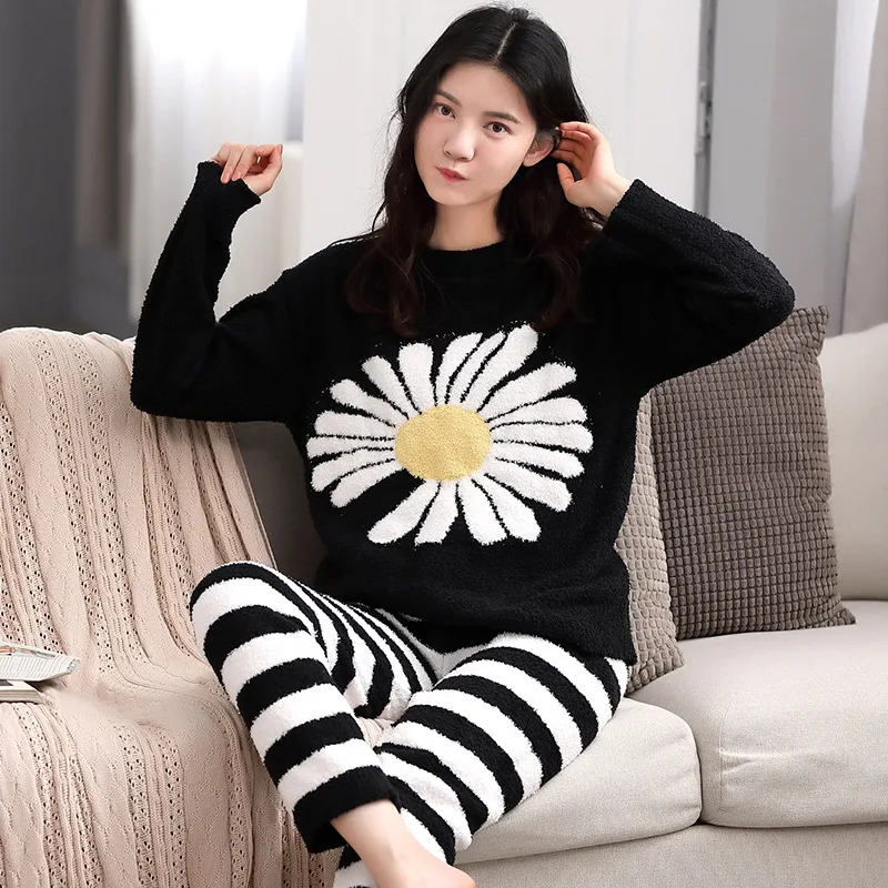 

Woolen Sleepwear Pajamas Set Women Winter Long Sleeve Sleep Tops Striped Pants 2 Piece Set Fleece-Lined Lounge Wear Comfortable