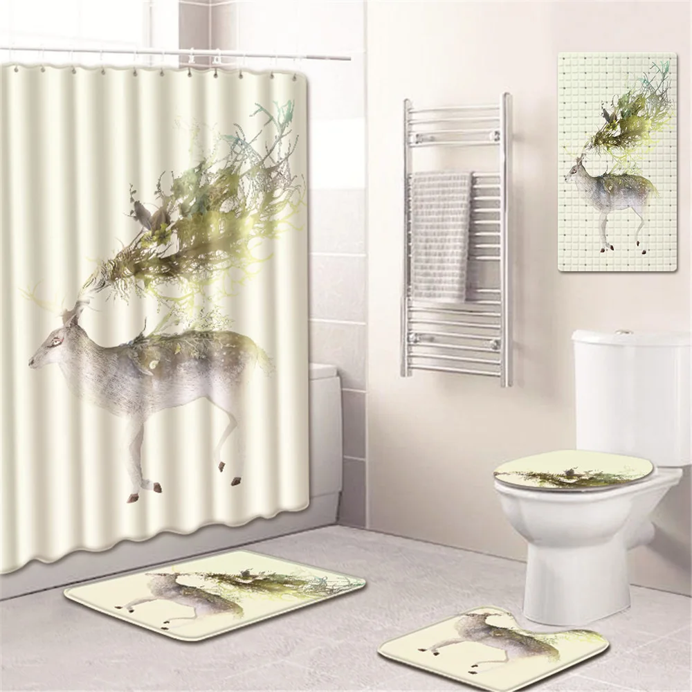 

Elk Shower Curtain Bathroom Mat Set Toilet Cover Mat Bathtub Mat Kitchen Pad Five-Piece Carpet Graphic Customization