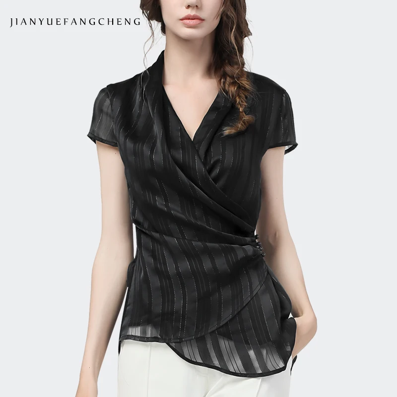 Шифоновая Блузка в синюю полоску с коротким рукавом и пуговицами