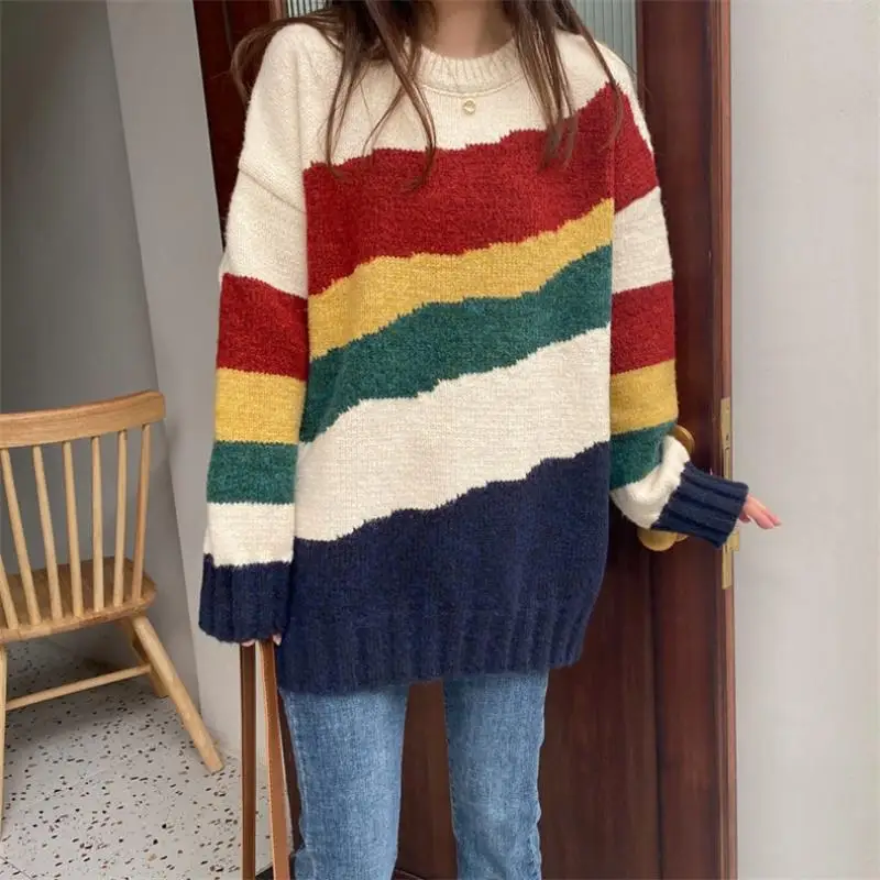 

Rainbow striped sweater women's spring and autumn new round neck large size loose mid-length color matching is thin and lazy kni