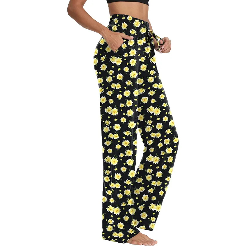

Mandylandy Long Pants Summer Lace-up High Waist Pocket Yoga Straight-Leg Pants Women's Casual Floral Print Loose Trousers